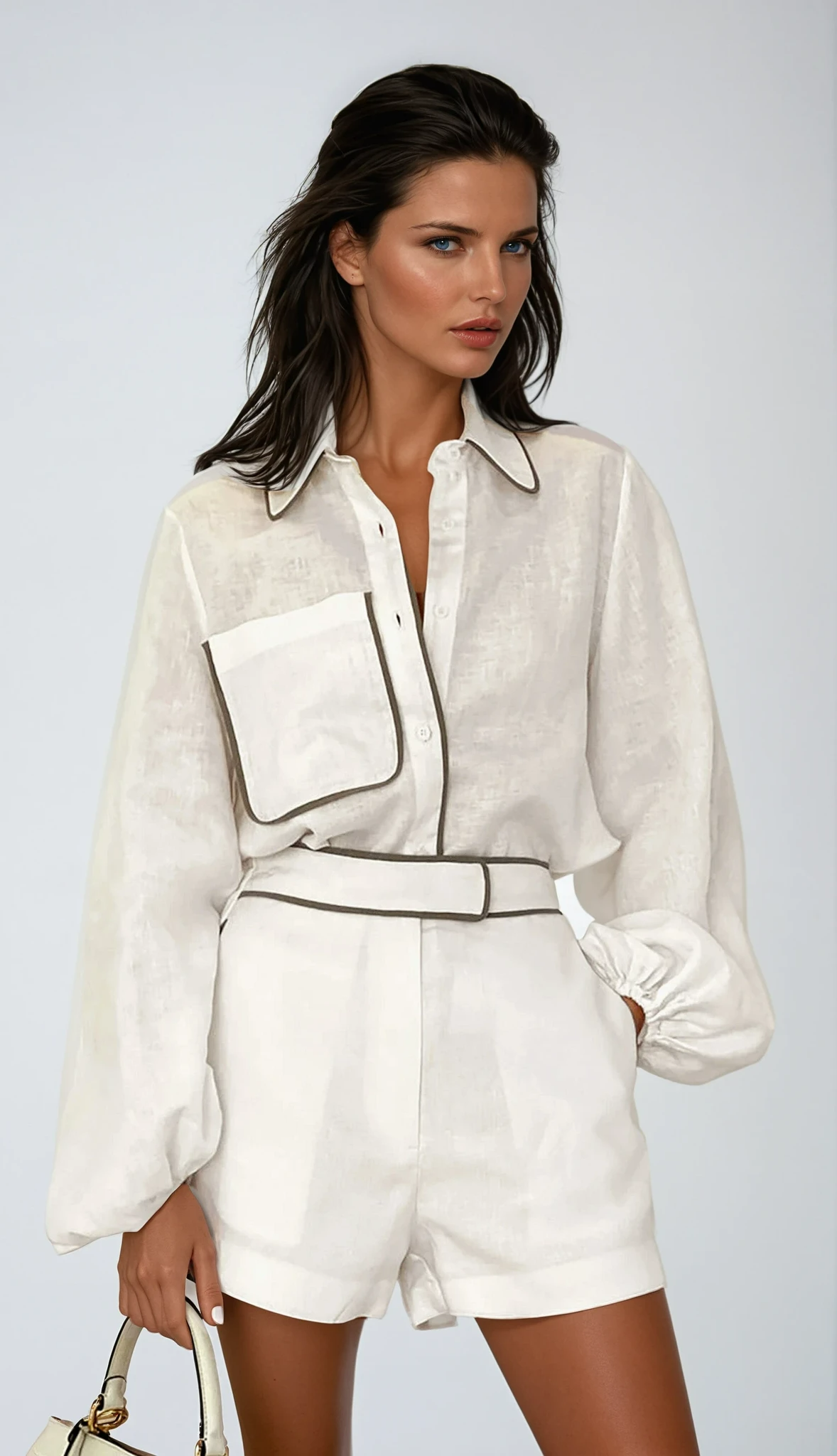 Women's Linen Shorts Set with Puff Sleeves and Contrast Piping