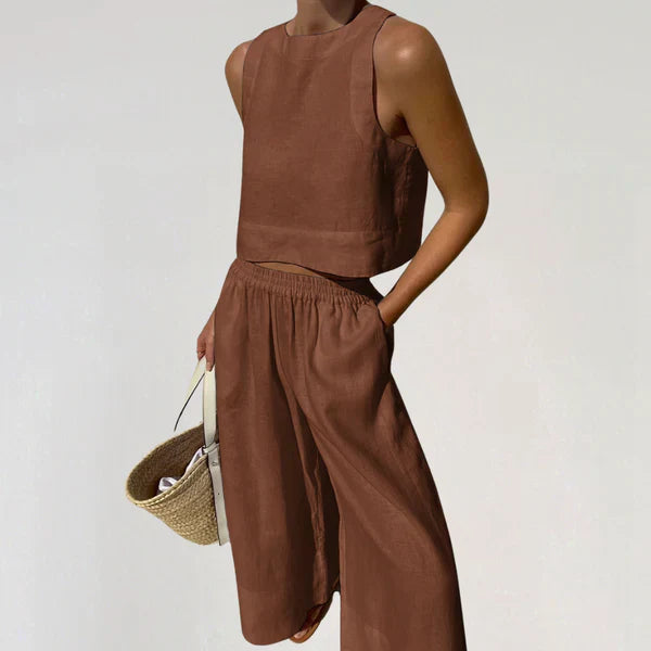 Women's Linen Two-Piece Set with Wide-Leg Trousers