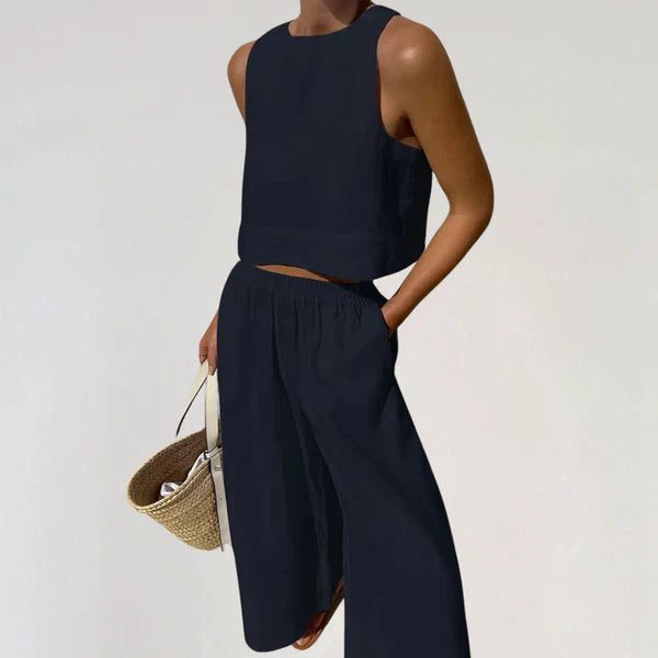 Women's Linen Two-Piece Set with Wide-Leg Trousers