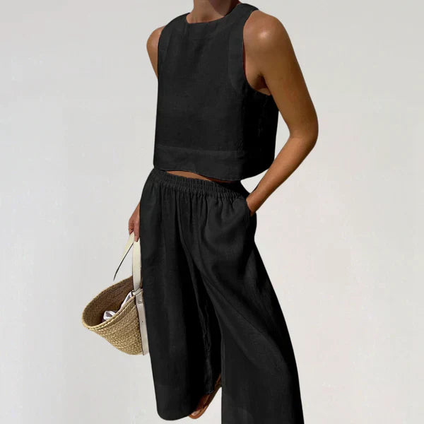 Women's Linen Two-Piece Set with Wide-Leg Trousers