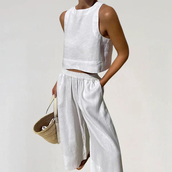Women's Linen Two-Piece Set with Wide-Leg Trousers