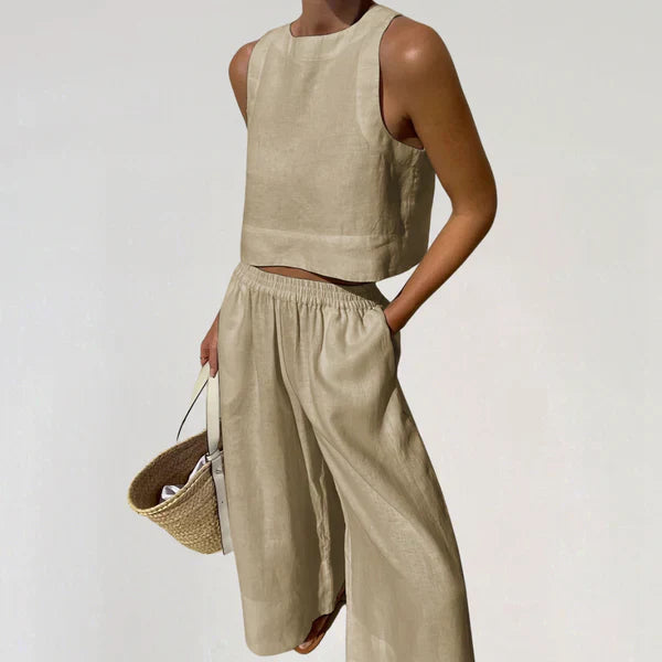 Women's Linen Two-Piece Set with Wide-Leg Trousers