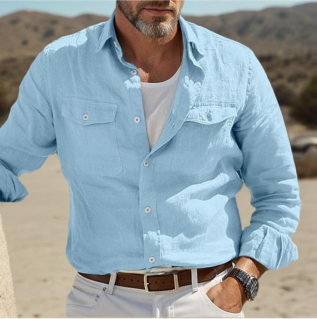 Men's Linen Spread Collar Overshirt with Chest Pockets
