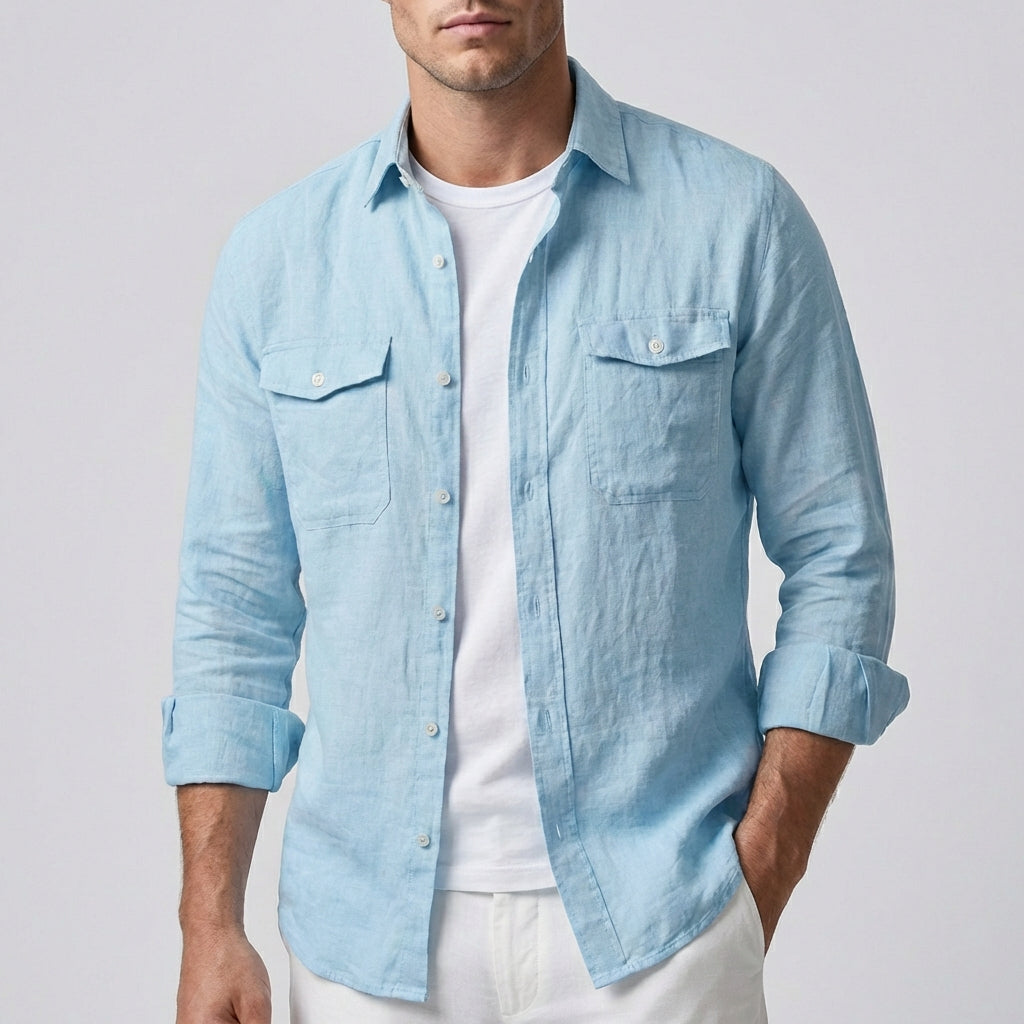 Men's Linen Spread Collar Overshirt with Chest Pockets