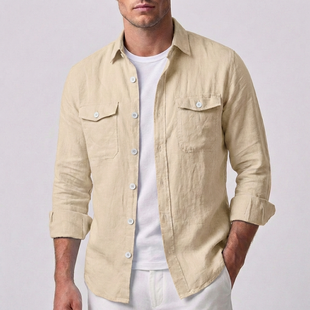 Men's Linen Spread Collar Overshirt with Chest Pockets