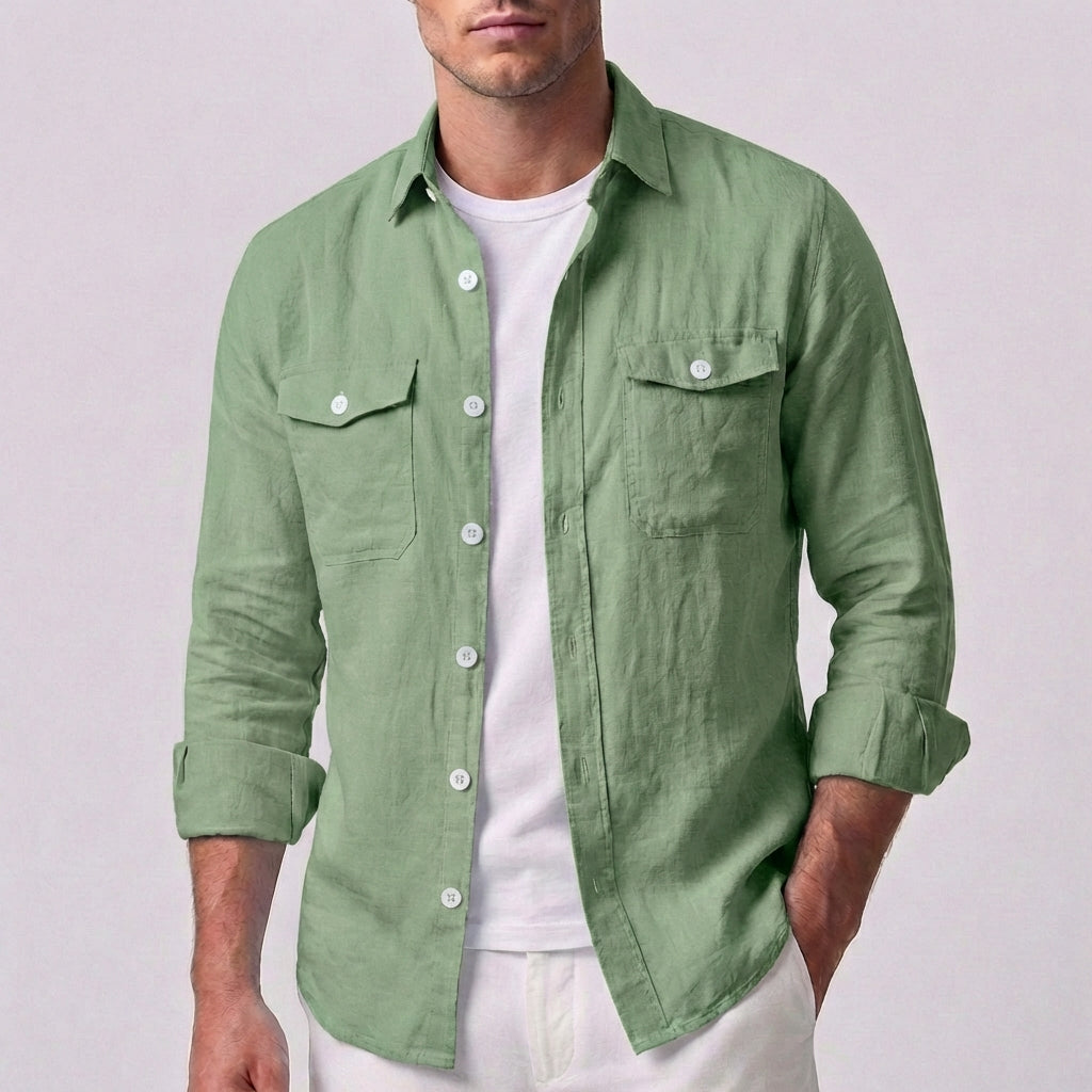 Men's Linen Spread Collar Overshirt with Chest Pockets