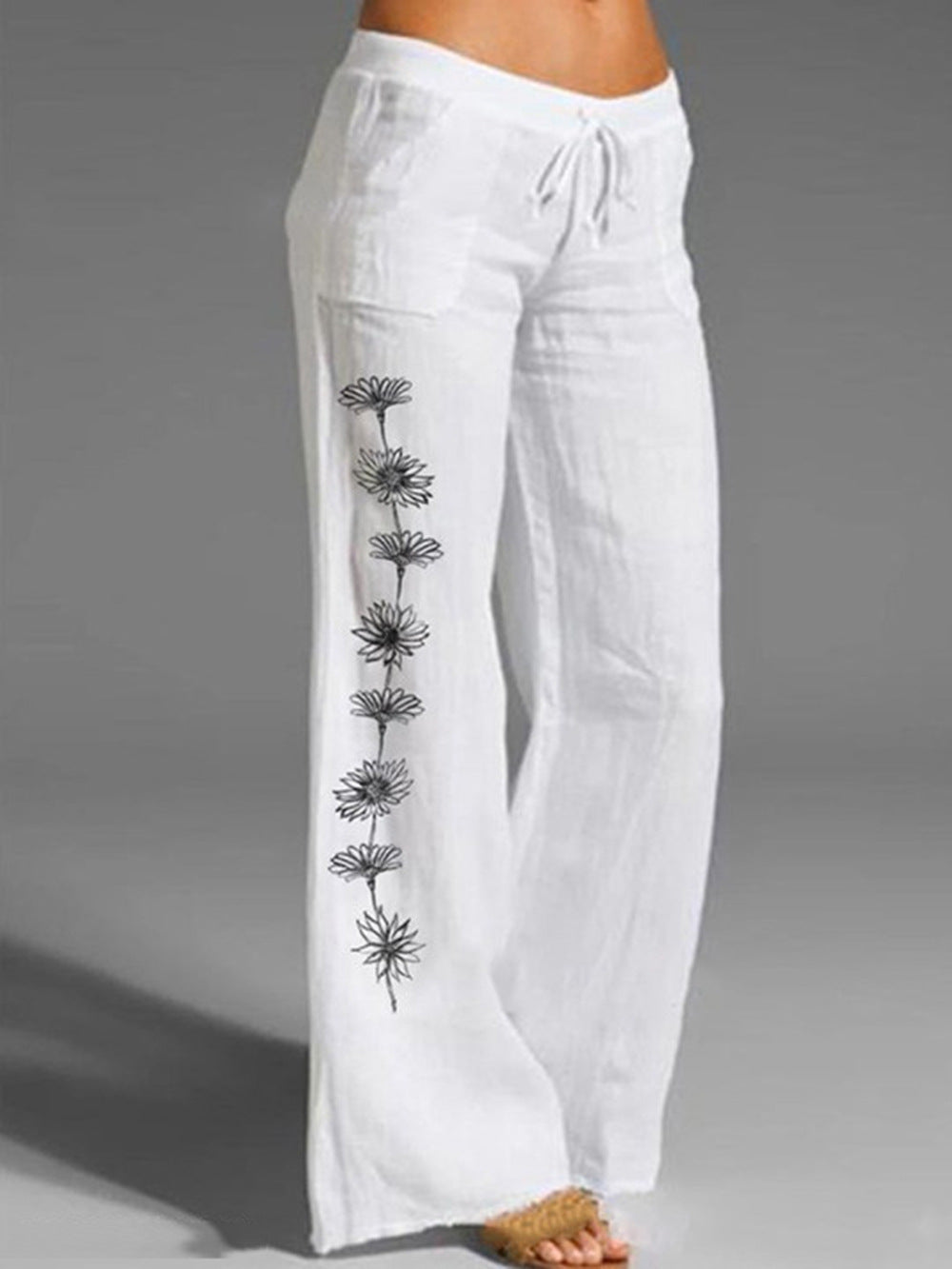 Women's Linen Wide-Leg Pants with Drawstring Waist