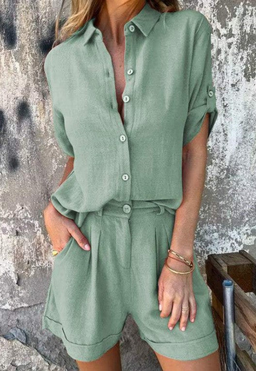 Women's Linen Shirt and Shorts Set with Roll-Tab Sleeves