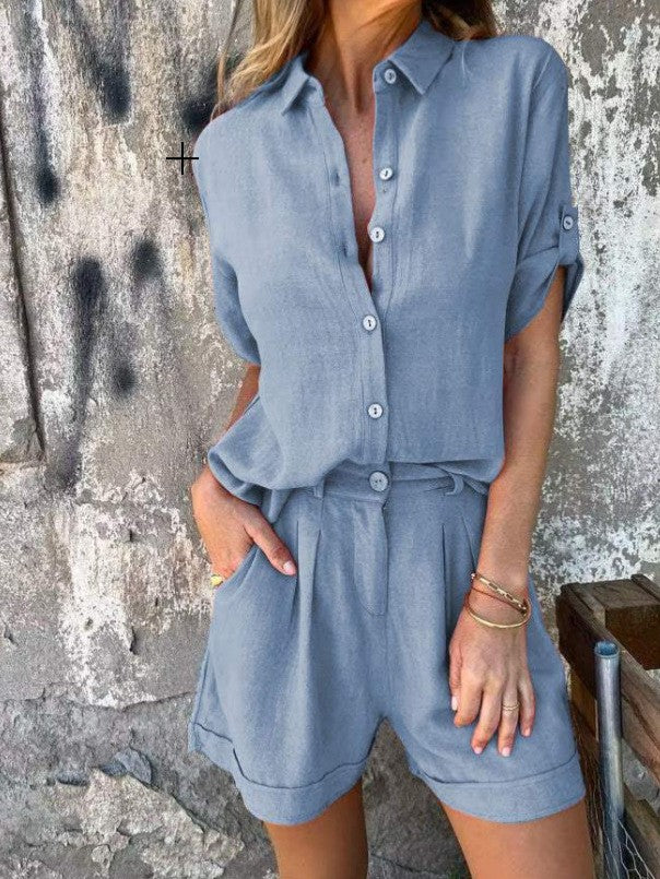 Women's Linen Shirt and Shorts Set with Roll-Tab Sleeves