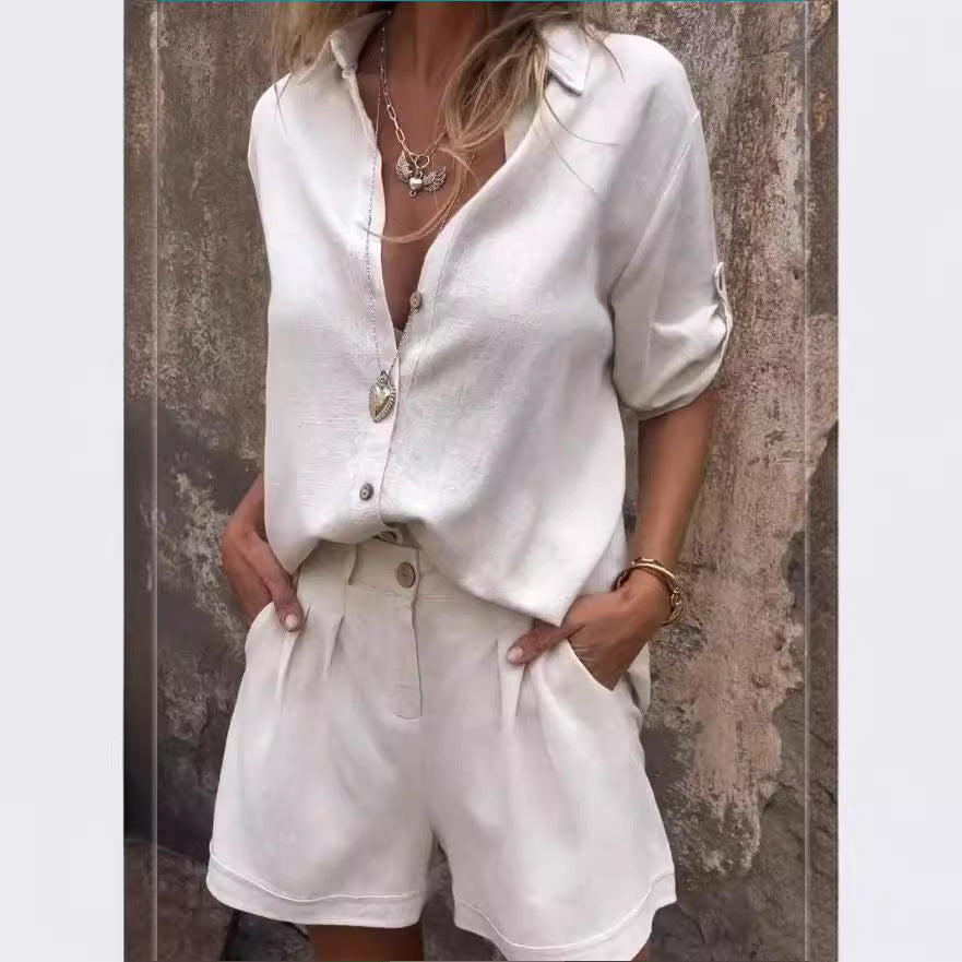 Women's Linen Shirt and Shorts Set with Roll-Tab Sleeves