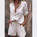 Women's Linen Shirt and Shorts Set with Roll-Tab Sleeves