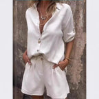 Women's Linen Shirt and Shorts Set with Roll-Tab Sleeves