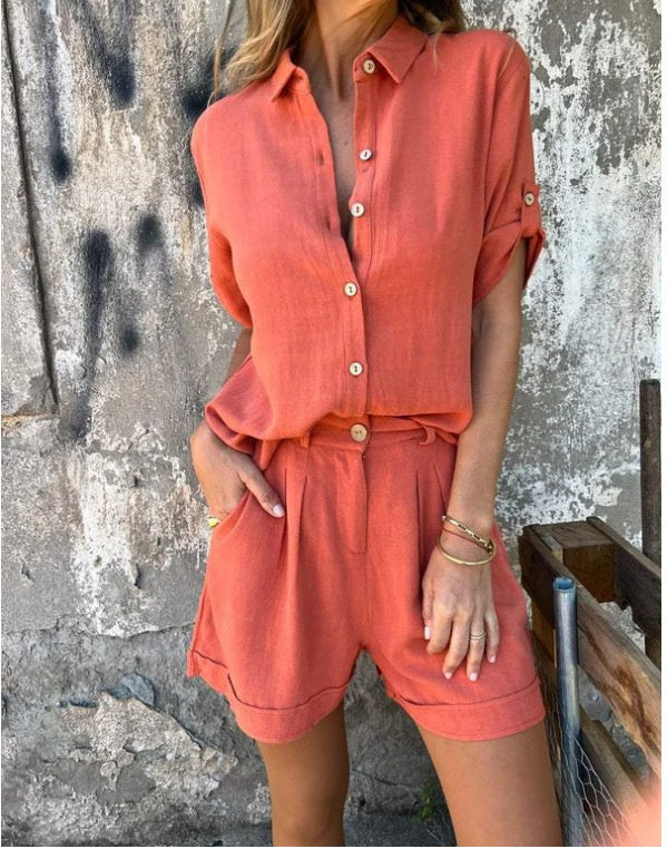 Women's Linen Shirt and Shorts Set with Roll-Tab Sleeves
