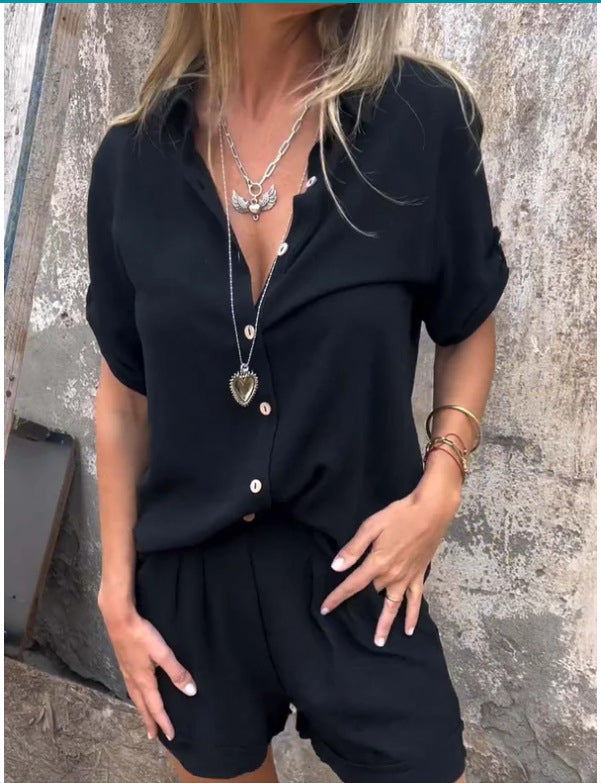 Women's Linen Shirt and Shorts Set with Roll-Tab Sleeves