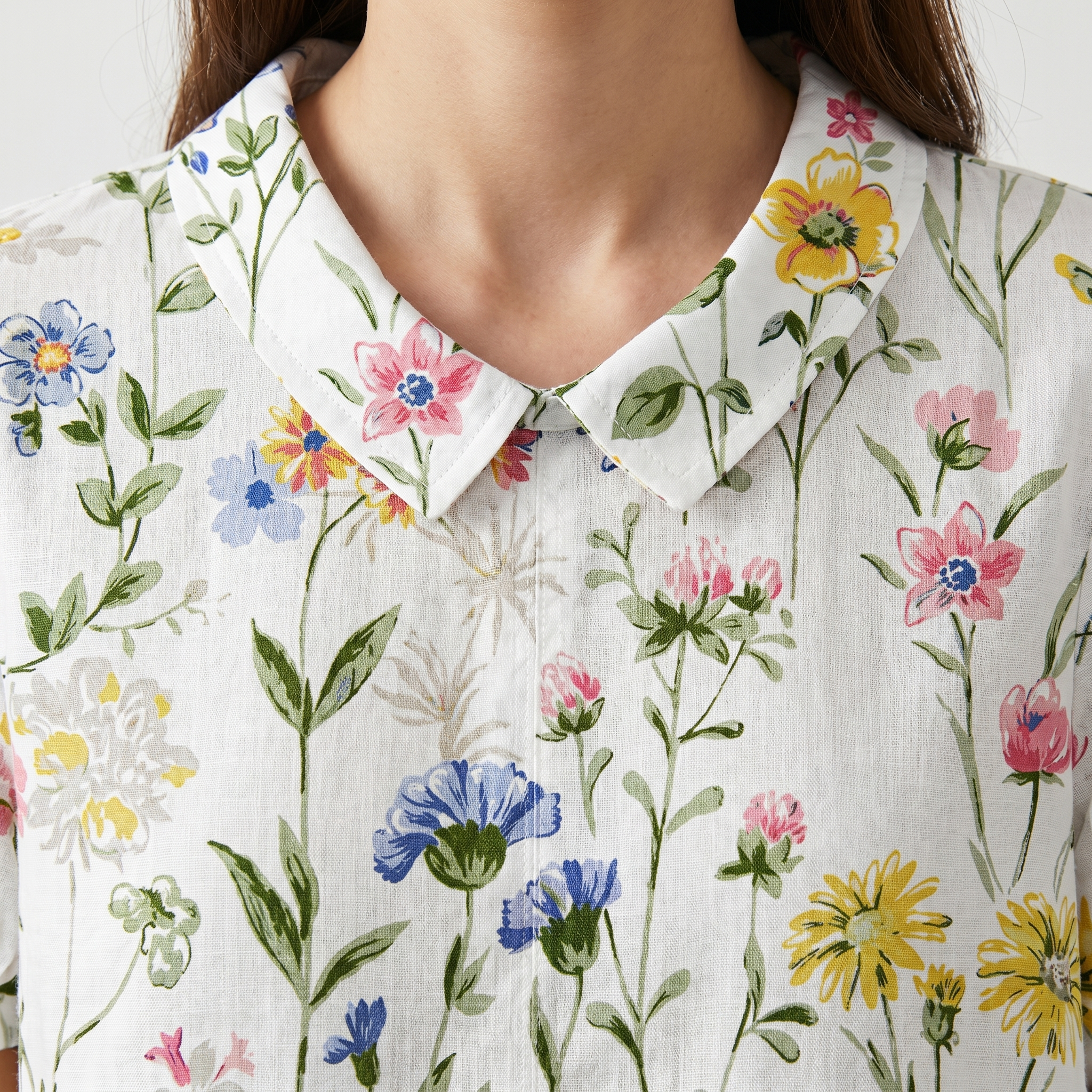 Women's Linen Rose Print Shirt with Peter Pan Collar
