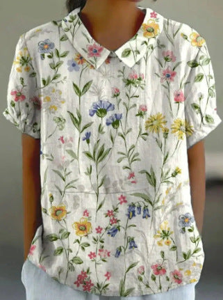 Women's Linen Rose Print Shirt with Peter Pan Collar
