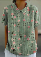 Women's Linen Rose Print Shirt with Peter Pan Collar