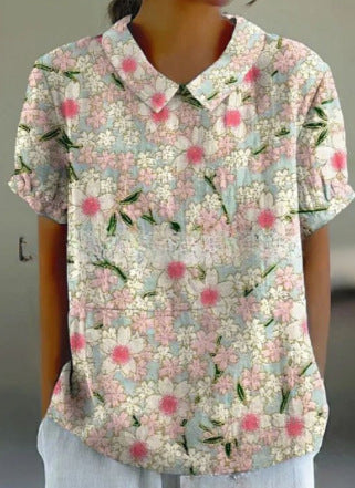 Women's Linen Rose Print Shirt with Peter Pan Collar