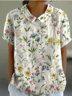 Women's Linen Rose Print Shirt with Peter Pan Collar