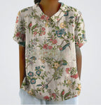 Women's Linen Rose Print Shirt with Peter Pan Collar
