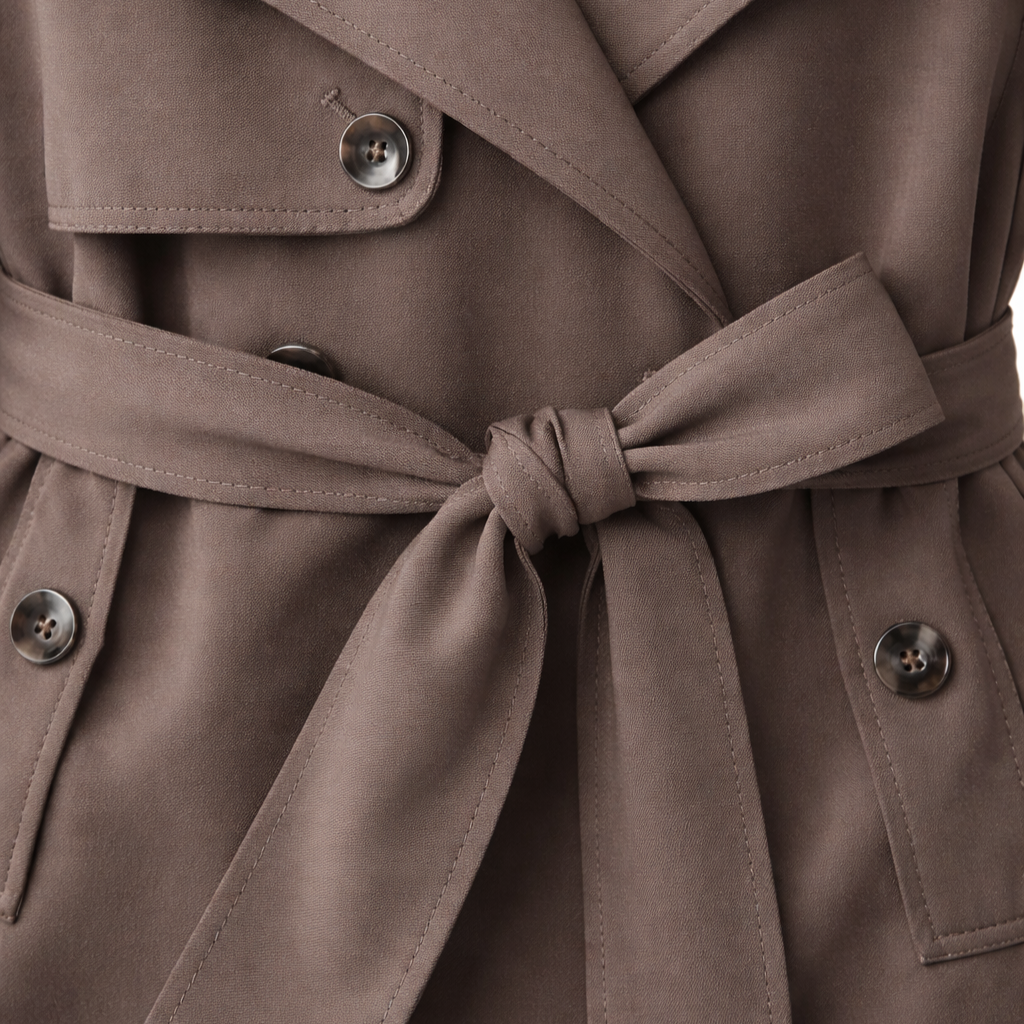 Women's Long-Sleeve Belted Trench Coat with Double Buttons