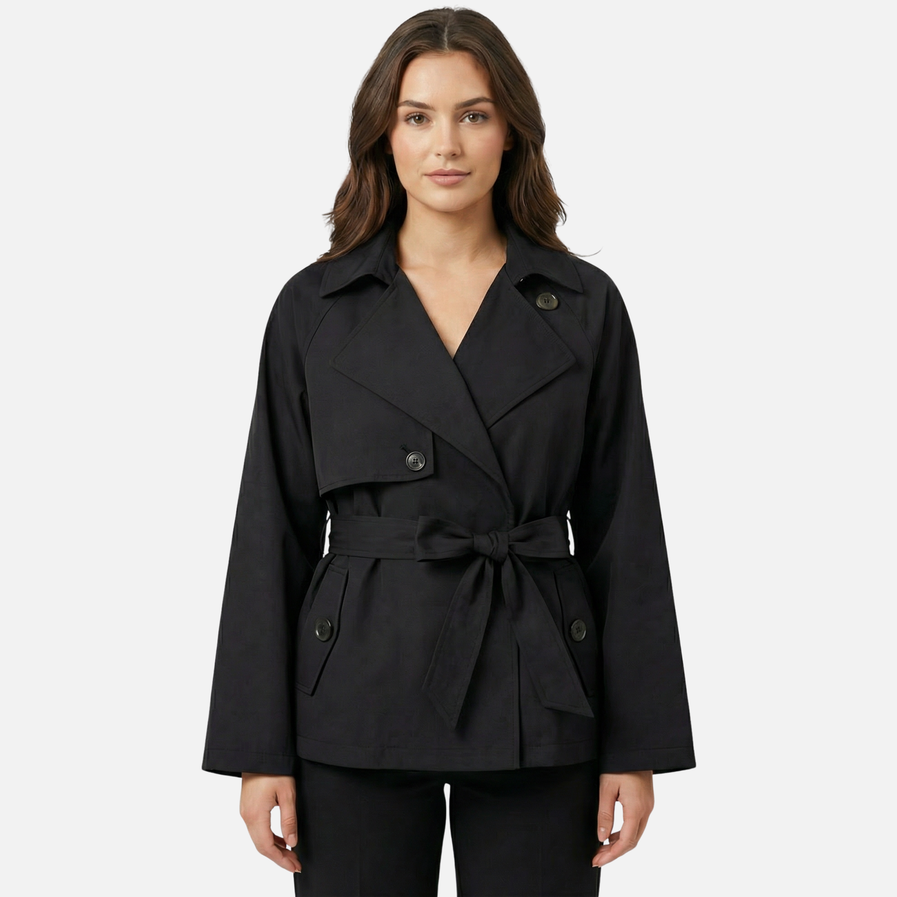 Women's Long-Sleeve Belted Trench Coat with Double Buttons