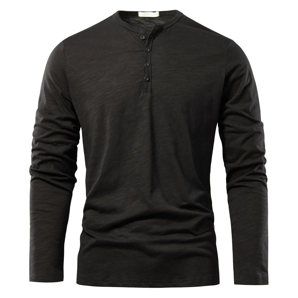 Men's Long-Sleeve Button-Up Shirt with Henley Collar