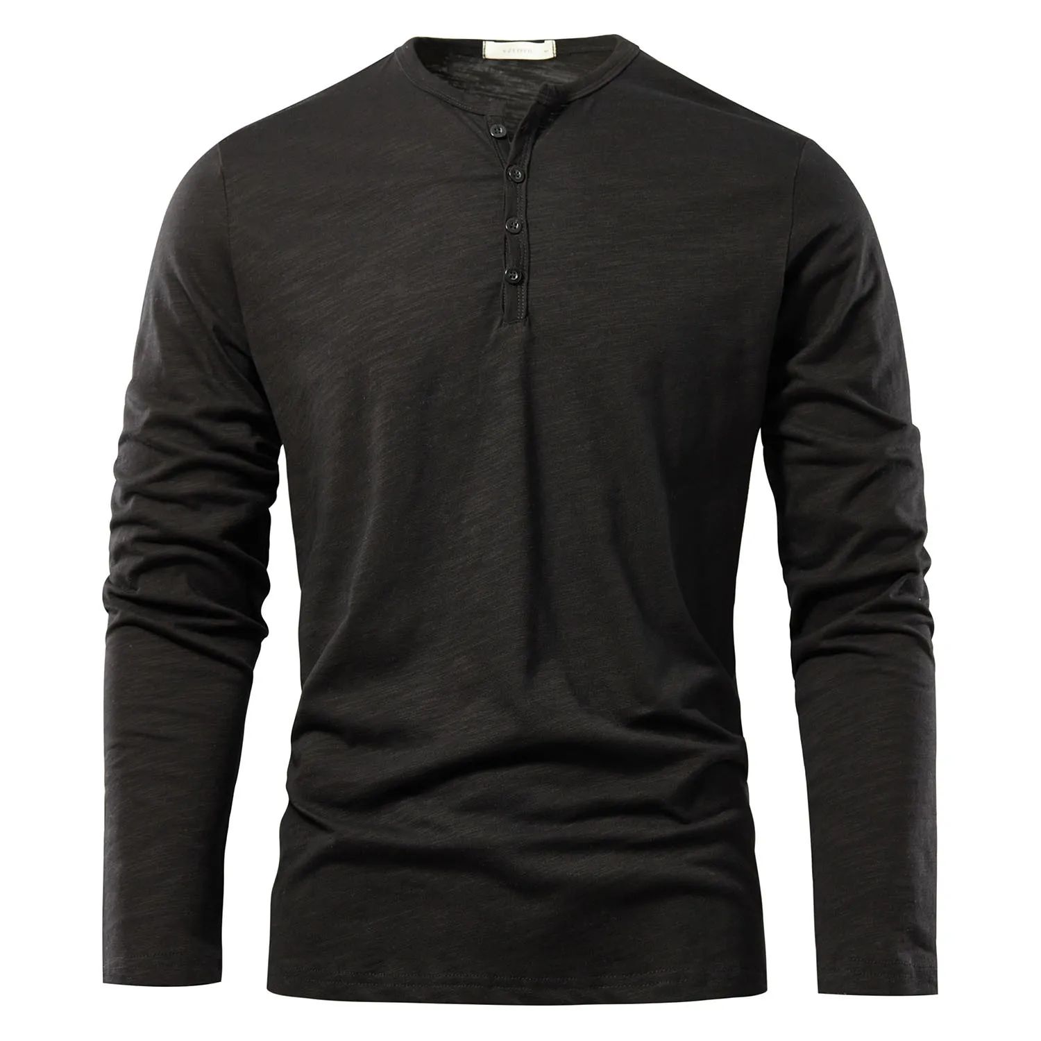 Men's Long-Sleeve Button-Up Shirt with Henley Collar