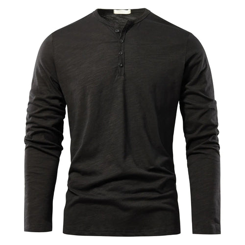 Men's Long-Sleeve Button-Up Shirt with Henley Collar