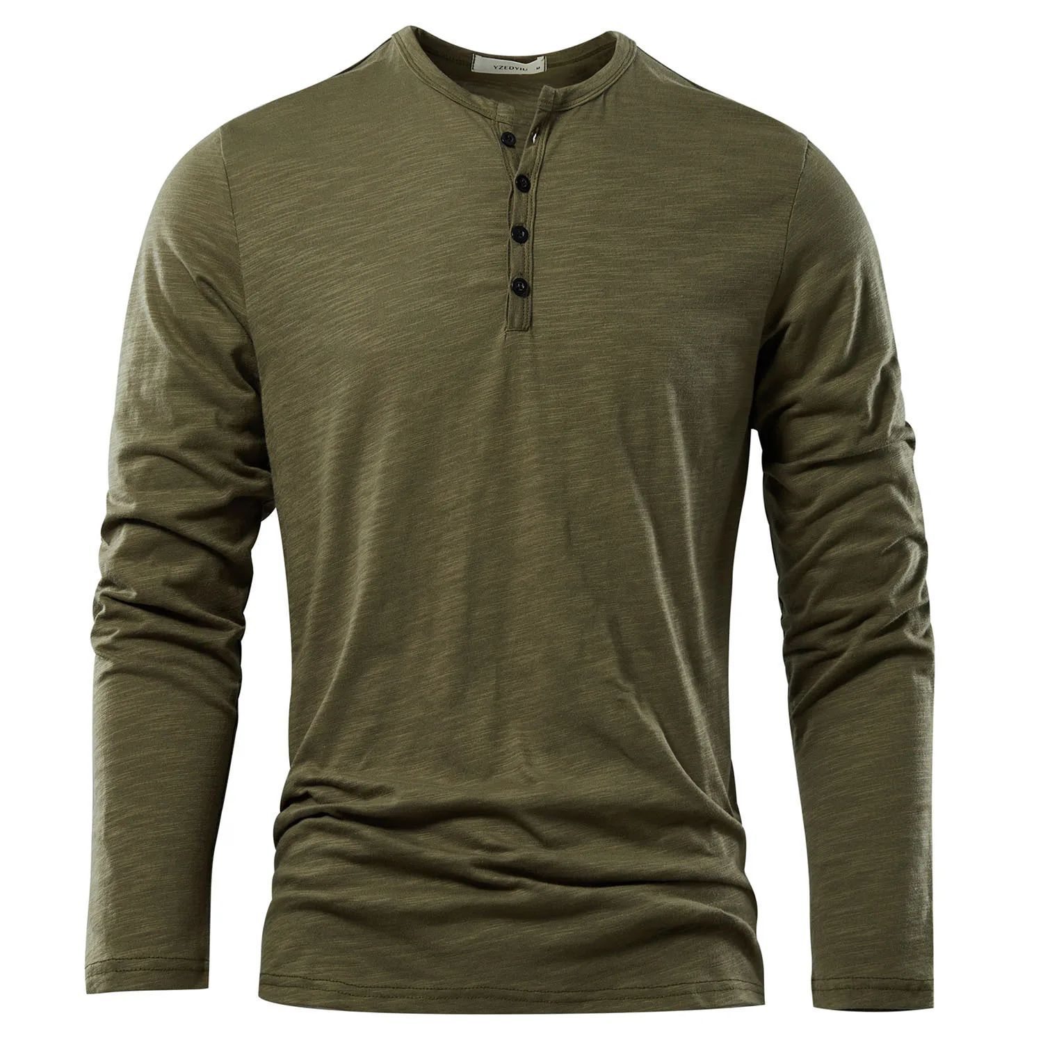 Men's Long-Sleeve Button-Up Shirt with Henley Collar