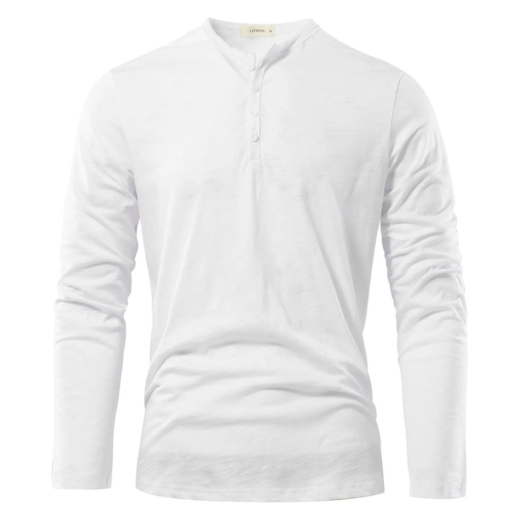 Men's Long-Sleeve Button-Up Shirt with Henley Collar