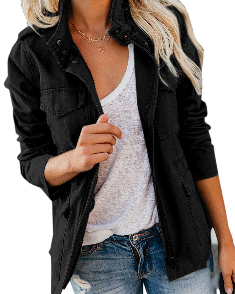 Women's Loose Utility Windbreaker Jacket with Multi-Pocket Front