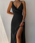 Women's Satin Midi Dress with Draped V-Neck and Spaghetti Straps