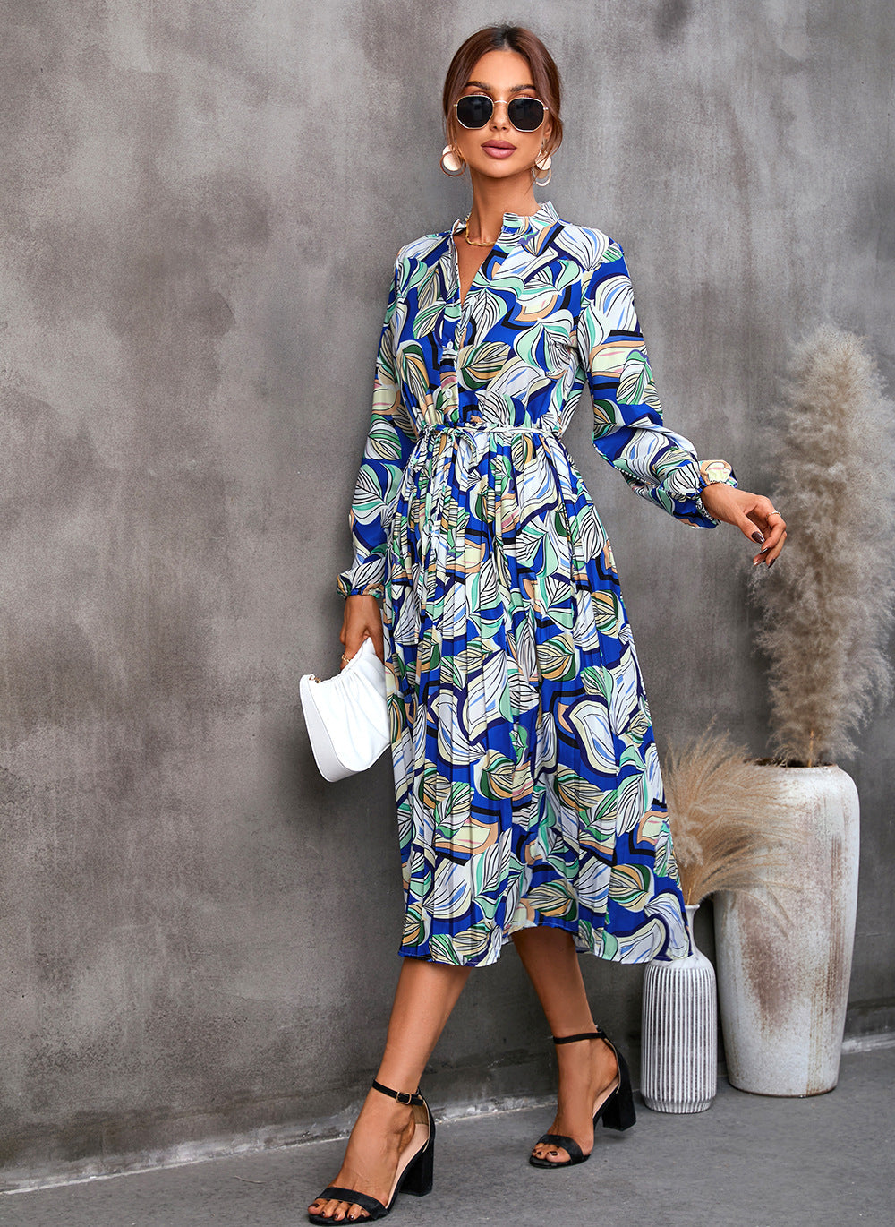 Women's Abstract Leaf Print Midi Dress with Mandarin Collar and Tie Waist