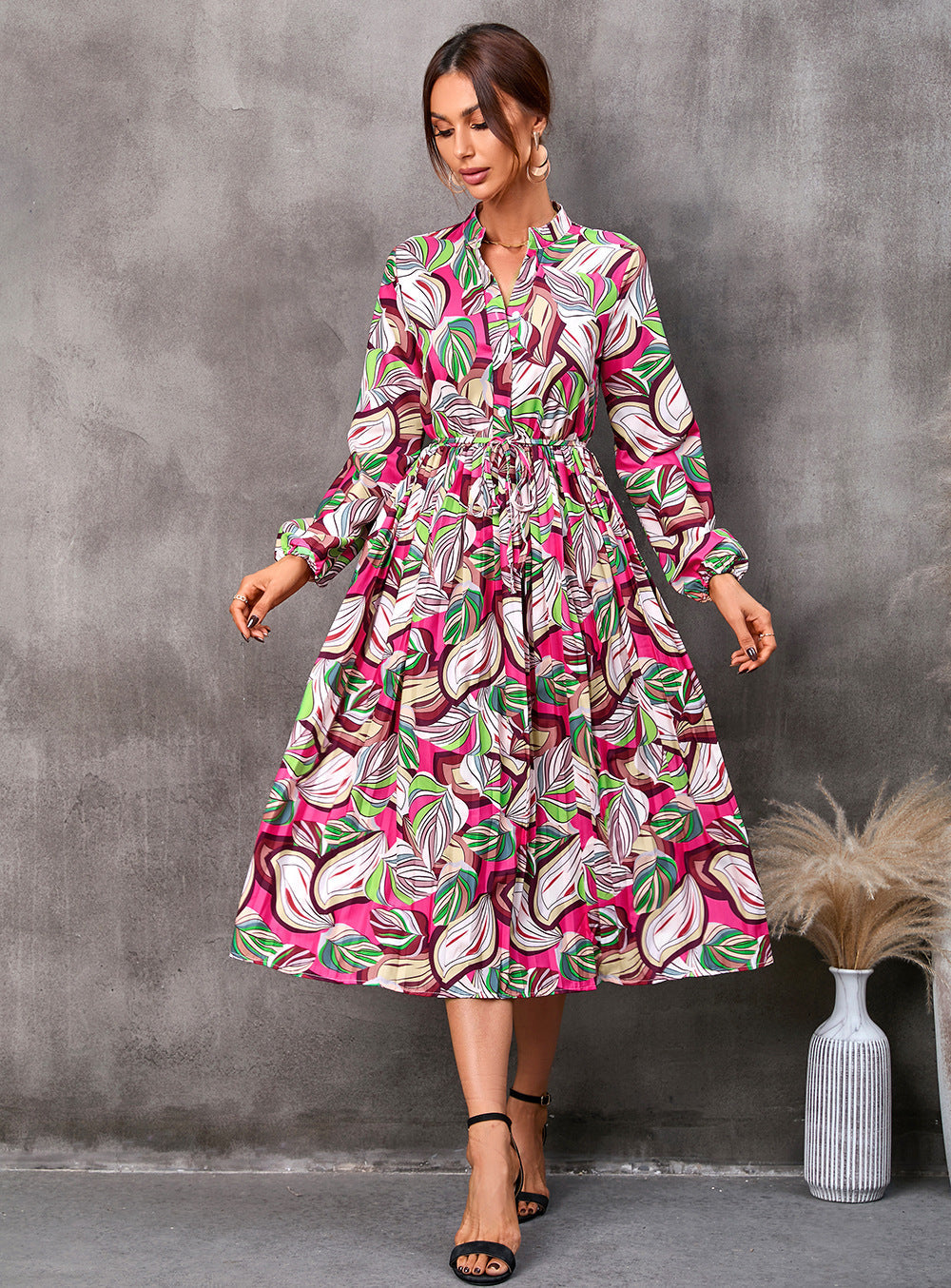 Women's Abstract Leaf Print Midi Dress with Mandarin Collar and Tie Waist