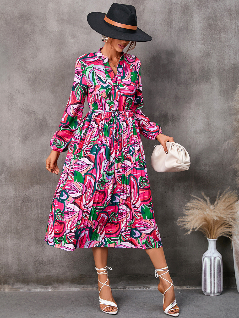 Women's Abstract Leaf Print Midi Dress with Mandarin Collar and Tie Waist