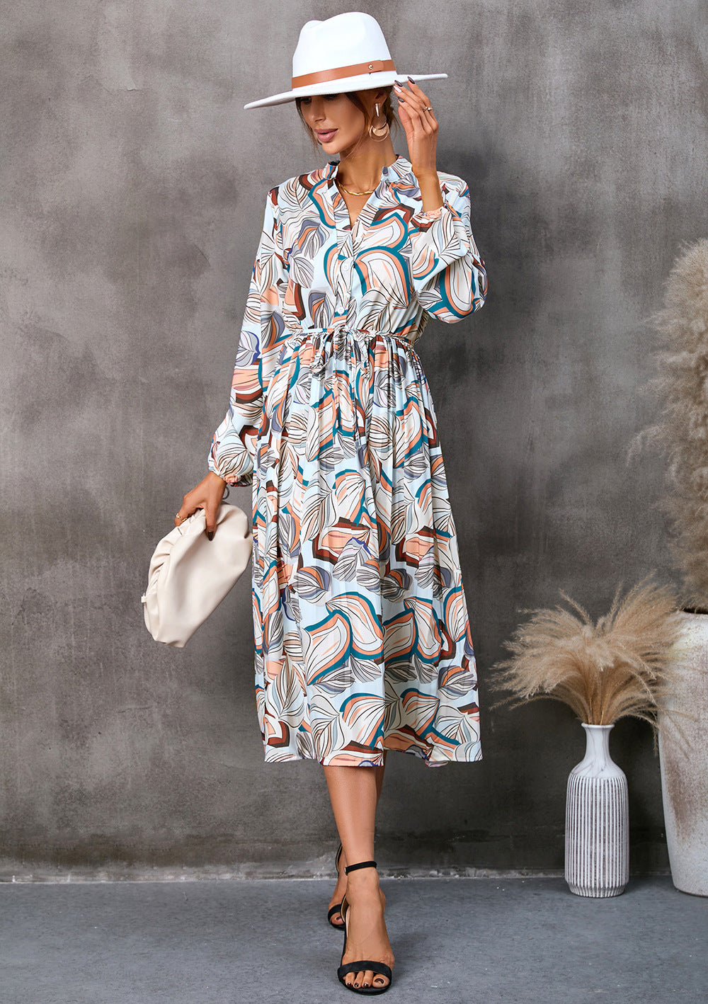 Women's Abstract Leaf Print Midi Dress with Mandarin Collar and Tie Waist