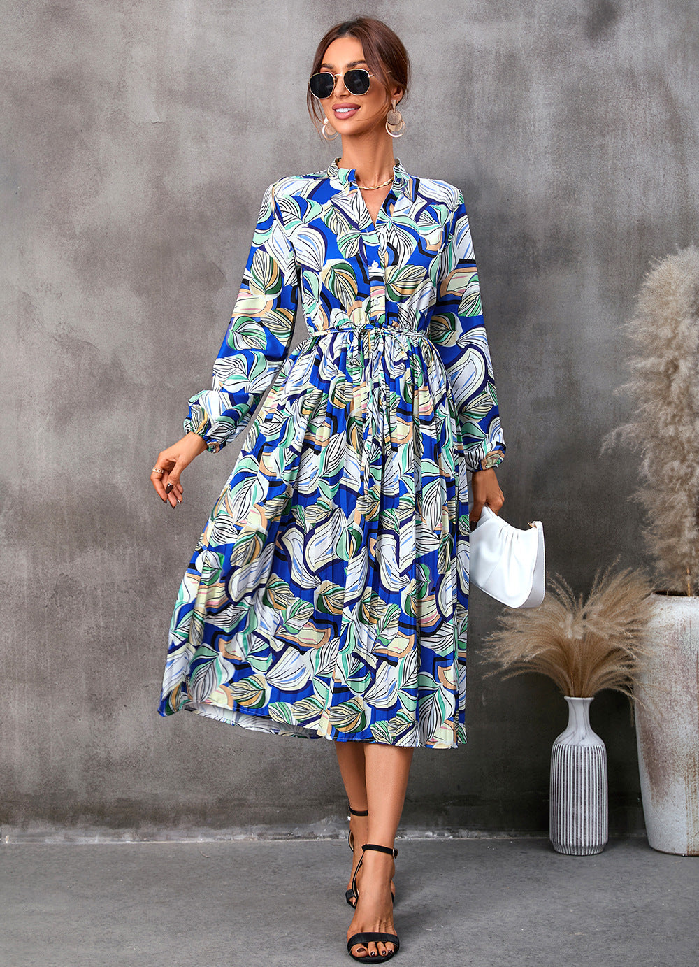 Women's Abstract Leaf Print Midi Dress with Mandarin Collar and Tie Waist
