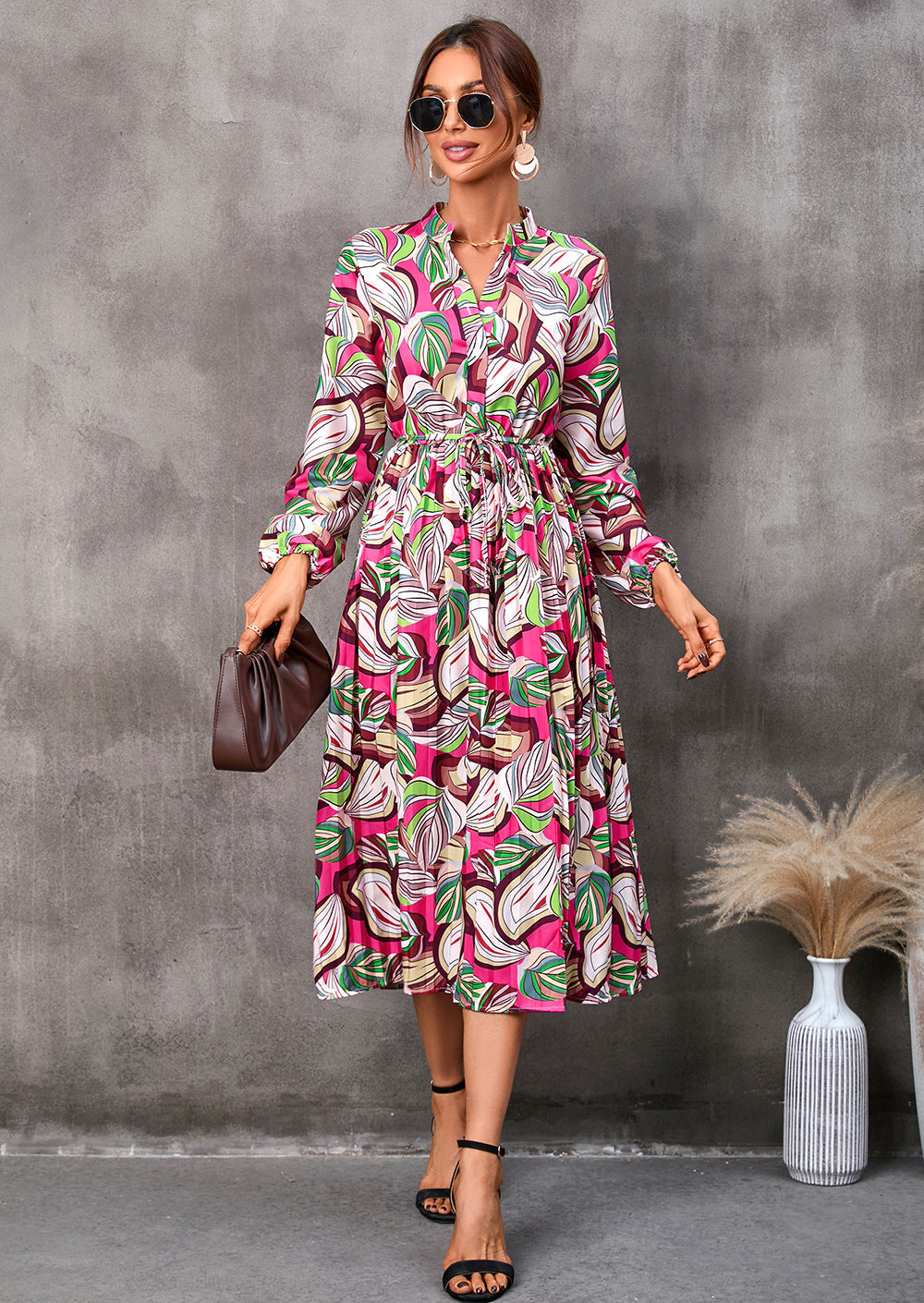 Women's Abstract Leaf Print Midi Dress with Mandarin Collar and Tie Waist