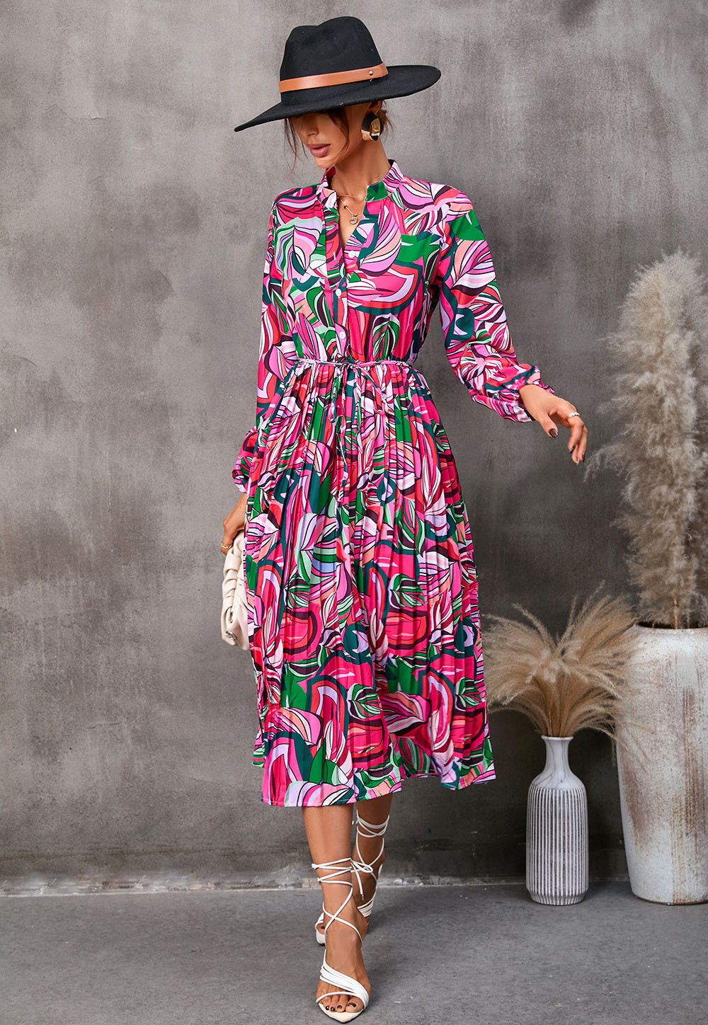 Women's Abstract Leaf Print Midi Dress with Mandarin Collar and Tie Waist