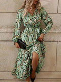 Women's Abstract Leaf Print Midi Dress with Mandarin Collar and Tie Waist