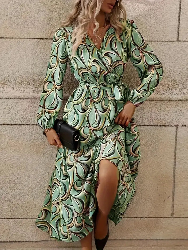 Women's Abstract Leaf Print Midi Dress with Mandarin Collar and Tie Waist
