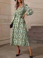 Women's Abstract Leaf Print Midi Dress with Mandarin Collar and Tie Waist