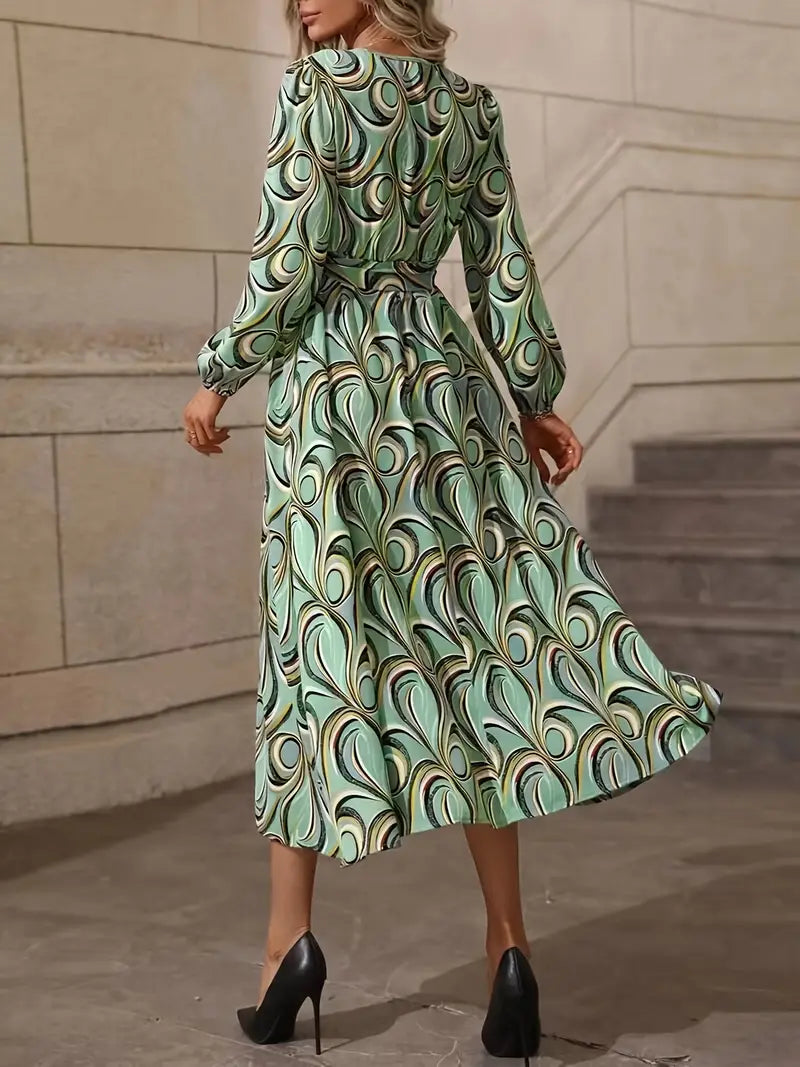 Women's Abstract Leaf Print Midi Dress with Mandarin Collar and Tie Waist