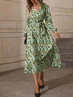 Women's Abstract Leaf Print Midi Dress with Mandarin Collar and Tie Waist
