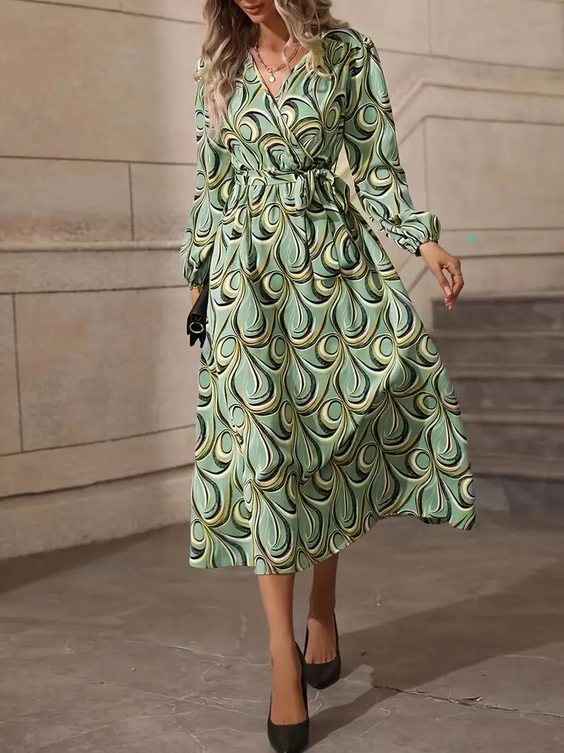 Women's Abstract Leaf Print Midi Dress with Mandarin Collar and Tie Waist