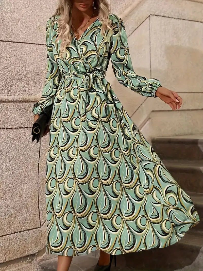 Women's Abstract Leaf Print Midi Dress with Mandarin Collar and Tie Waist