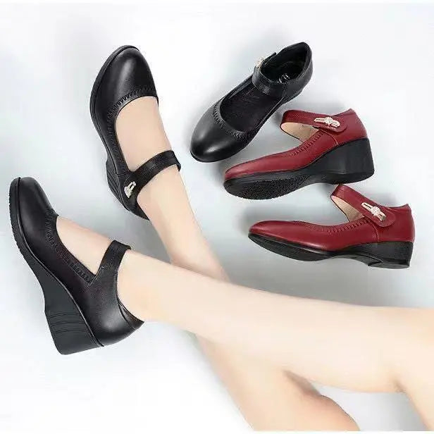 Women's Mary Jane Wedge Heels with Rhinestone Buckle and Round Toe