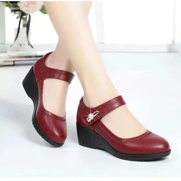 Women's Mary Jane Wedge Heels with Rhinestone Buckle and Round Toe