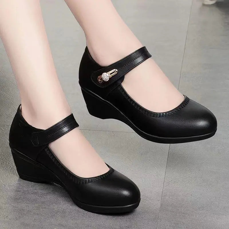 Women's Mary Jane Wedge Heels with Rhinestone Buckle and Round Toe